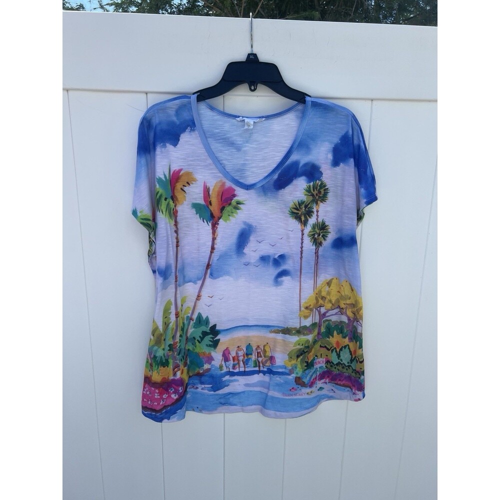ELLEN NEGLEY Watercolor Impressionist Palm Tree Beach Tee Shirt XL